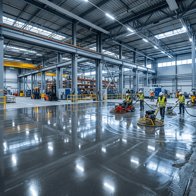 Piso industrial executado com concreto Concrecamp em galpão na região de Campinas