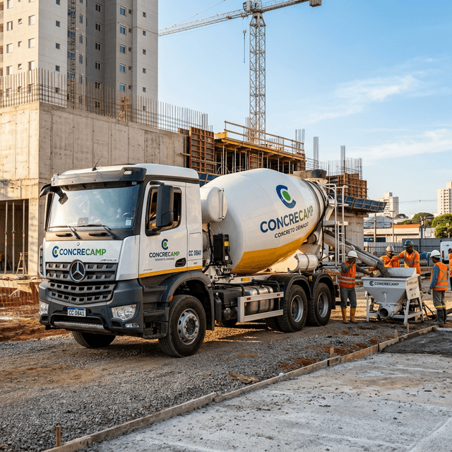 Caminhão betoneira Concrecamp entregando concreto usinado em obra de Campinas